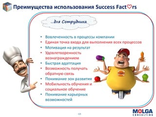 -13-
• Мотивация на результат
• Удовлетворенность
вознаграждением
• Быстрая адаптация
• Возможность получать
обратную связь
• Понимание зон развития
• Мобильность обучения и
социальное обучение
• Понимание карьерных
возможностей
…для Сотрудника
• Вовлеченность в процессы компании
• Единая точка входа для выполнения всех процессов
Преимущества использования Success Fact rs
 