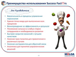 -15-
• Вовлеченность в процессы управления
персоналом
• Единая точка входа для выполнения всех
процессов
• Вознаграждение за эффективность и результат
• Понимание сильных и слабых сторон
сотрудников и необходимости развития
• Быстрое закрытие вакансий с лучшим
качеством
• Наличие пула талантов для привлечения в
различных случаях
• Наличие инструментов для обратной связи
• Аналитика для принятия управленческих
решений
…для Руководителя
Преимущества использования Success Fact rs
 