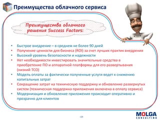 -19-
• Быстрое внедрение – в среднем не более 90 дней
• Получение ценности для бизнеса (ROI) за счет лучших практик внедрения
• Высокий уровень безопасности и надежности
• Нет необходимости инвестировать значительные средства в
приобретение ПО и аппаратной платформы для его развертывания
(низкий TCO)
• Модель оплаты за фактически полученные услуги ведет к снижению
капитальных затрат
• Сокращение затрат на техническую поддержку и обновление развернутых
систем (техническая поддержка приложения включена в оплату сервиса)
• Модернизация и обновление приложения происходит оперативно и
прозрачно для клиентов
Преимущества облачного
решения Success Factors:
Преимущества облачного сервиса
 