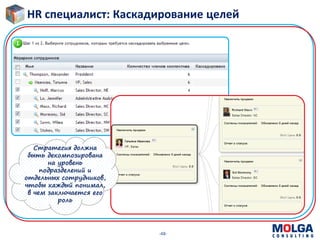 -48-
HR специалист: Каскадирование целей
Стратегия должна
быть декомпозирована
на уровень
подразделений и
отдельных сотрудников,
чтобы каждый понимал,
в чем заключается его
роль
 
