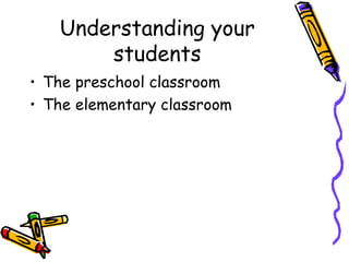 Understanding your students The preschool classroom The elementary classroom 