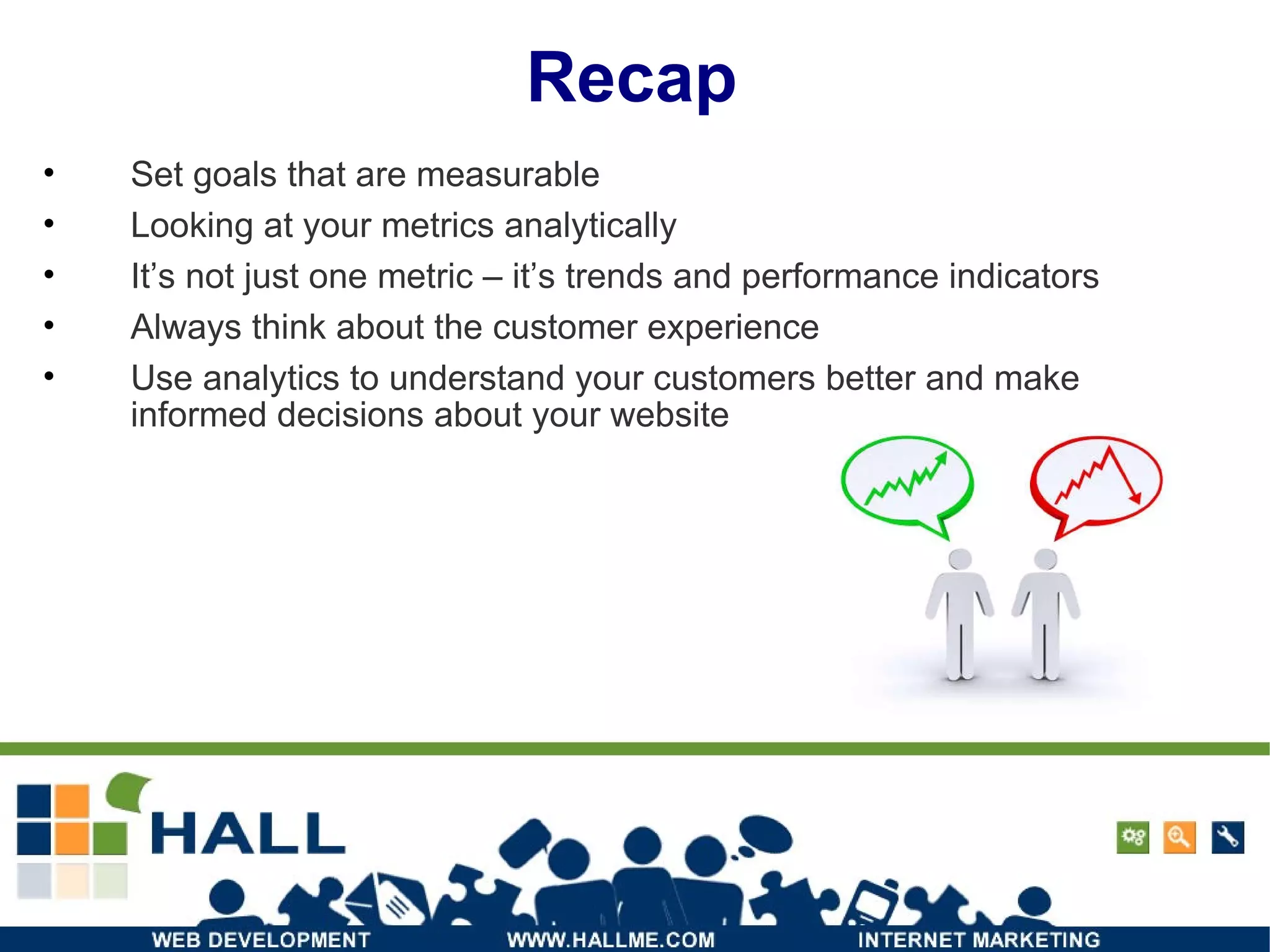 Recap Set goals that are measurable Looking at your metrics analytically It’s not just one metric – it’s trends and performance indicators Always think about the customer experience Use analytics to understand your customers better and make informed decisions about your website 