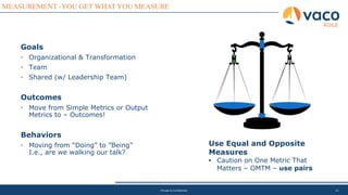 10
MEASUREMENT -YOU GET WHAT YOU MEASURE
AGILE
Private & Confidential
Goals
• Organizational & Transformation
• Team
• Shared (w/ Leadership Team)
Outcomes
• Move from Simple Metrics or Output
Metrics to – Outcomes!
Behaviors
• Moving from “Doing” to ”Being”
I.e., are we walking our talk?
Use Equal and Opposite
Measures
• Caution on One Metric That
Matters – OMTM – use pairs
 
