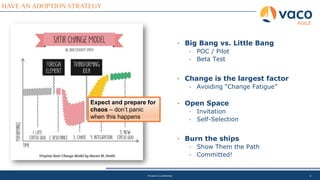 6
HAVE AN ADOPTION STRATEGY
AGILE
Private & Confidential
• Big Bang vs. Little Bang
• POC / Pilot
• Beta Test
• Change is the largest factor
• Avoiding “Change Fatigue”
• Open Space
• Invitation
• Self-Selection
• Burn the ships
• Show Them the Path
• Committed!
Expect and prepare for
chaos – don’t panic
when this happens
 