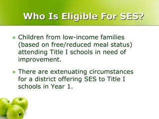 Who Is Eligible For SES?

   Children from low-income families
    (based on free/reduced meal status)
    attending Title I schools in need of
    improvement.
   There are extenuating circumstances
    for a district offering SES to Title I
    schools in Year 1.
 