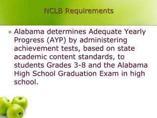 NCLB Requirements

   Alabama determines Adequate Yearly
    Progress (AYP) by administering
    achievement tests, based on state
    academic content standards, to
    students Grades 3-8 and the Alabama
    High School Graduation Exam in high
    school.
 