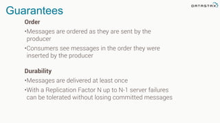 Guarantees
Order
•Messages are ordered as they are sent by the
producer
•Consumers see messages in the order they were
inserted by the producer
Durability
•Messages are delivered at least once
•With a Replication Factor N up to N-1 server failures
can be tolerated without losing committed messages
 