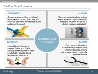 American Marketing Association
SUBSECTION TITLE
38
The Four C’s of Execution
Executing with Excellence
Executing with
Excellence
CULTURE
CLARITYCAPABILITY
COMMITMENT
Every aspect of the brand
extension/launch needs to be
clearly articulated, leaving
nothing no ambiguity or room for
misinterpretation
Internal Brand, Marketing,
Insights, Sales, and Product
Development functions need to
be staffed by capable talent
with relevant experience
Senior management has to believe in
brand extensions, and financially and
publically back their marketplace launch
and ongoing support
The organization’s values, visions,
norms, systems, beliefs, and habits
all tend to influence the extent to
which it executes successfully
 