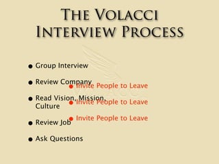 The Volacci
  Interview Process

• Group Interview
• Review Company People to Leave
           • Invite
• Read Vision,Invi...