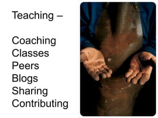 Teaching –
Coaching
Classes
Peers
Blogs
Sharing
Contributing
 