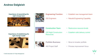 Andrew Dalgleish
Importance of assembling the
right change team
Importance of establishing the
right change model
© 2025 Association for Project Management 6
Engineering Function:
200 Engineers
Construction Team:
250 Night Construction
Resources
Portfolio Business:
400 Project Staff
• Establish new management team
• Rebuild Engineering Capability
• Restructure resource levels
• Establish solid delivery control
• Move to broader portfolio
• Process improvement focus
 