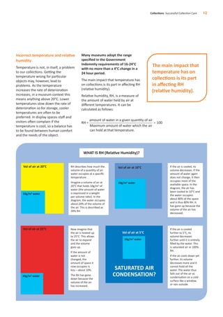 Incorrect temperature and relative
humidity
Temperature is not, in itself, a problem
to our collections. Getting the
temperature wrong for particular
objects may, however, lead to
problems. As the temperature
increases the rate of deterioration
increases; in a museum context this
means anything above 20°C. Lower
temperatures slow down the rate of
deterioration so for storage, cooler
temperatures are often to be
preferred. In display spaces staﬀ and
visitors often complain if the
temperature is cool, so a balance has
to be found between human comfort
and the needs of the object.
Many museums adopt the range
speciﬁed in the Government
Indemnity requirements of 16-24°C
with no more than a 4°C change in a
24 hour period.
The main impact that temperature has
on collections is its part in aﬀecting RH
(relative humidity).
Relative humidity, RH, is a measure of
the amount of water held by air at
diﬀerent temperatures. It can be
calculated as follows:
Collections Successful Collection Care 12
RH =
amount of water in a given quantity of air
ϫ 100
Maximum amount of water which the air
can hold at that temperature.
The main impact that
temperature has on
collections is its part
in aﬀecting RH
(relative humidity).
Vol of air at 20°C
10g/m3
water
10g/m3
water
Vol of air at 25°C
Vol of air at 5°C
SATURATED AIR
CONDENSATION?
10g/m3
water
WHAT IS RH (Relative Humidity)?
RH describes how much the
volume of a quantity of air
water occupies at a speciﬁc
temperature.
Imagine a volume of air at
20°C that holds 10g/m3
of
water (the amount of water
is expressed in a weight
per volume ratio). In the
diagram, the water occupies
about 20% of the volume of
the air. This is described as
20% RH.
Now imagine that
the air is heated up
to 25°C. This allows
the air to expand
and the volume
goes up.
If the amount of
water is not
changed, the
amount of space it
now occupies is
less – about 10%.
The RH has gone
down because the
volume of the air
has increased.
If the air is cooled, its
volume decreases. If the
amount of water again
does not change, it then
occupies more of the
available space. In the
diagram, the air has
been cooled to 10°C and
the water occupies
about 80% of the space
and is thus 80% RH. It
has gone up because the
volume of the air has
decreased.
If the air is cooled
further to 5°C, its
volume decreases
further until it is entirely
ﬁlled by the water. This
is saturated air or 100%
RH.
If the air cools down yet
further, its volume
decreases more and it
cannot hold all the
water. The water thus
falls out of the air as
condensation on a cold
surface like a window,
or rain outside.
Vol of air at 10°C
10g/m3
water
 