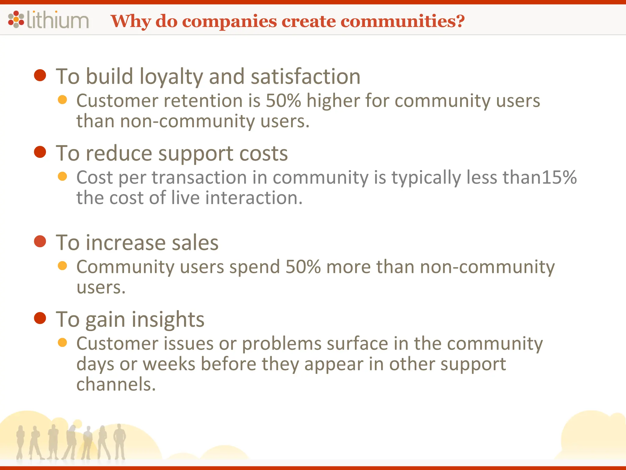 Why do companies create communities? To build loyalty and satisfaction Customer retention is 50% higher for community users than non-community users. To reduce support costs Cost per transaction in community is typically less than15%  the cost of live interaction. To increase sales Community users spend 50% more than non-community users. To gain insights Customer issues or problems surface in the community days or weeks before they appear in other support channels. 