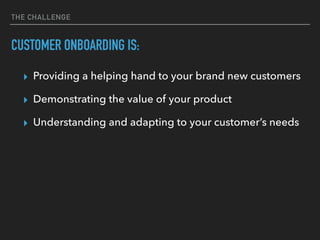 THE CHALLENGE
CUSTOMER ONBOARDING IS:
▸ Providing a helping hand to your brand new customers
▸ Demonstrating the value of your product
▸ Understanding and adapting to your customer’s needs
 
