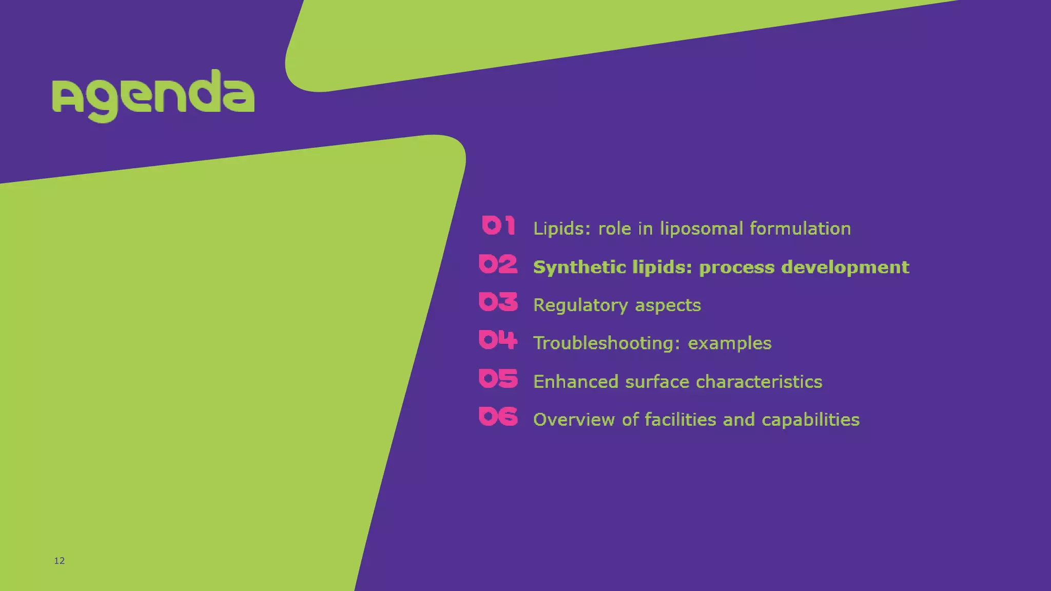 Agenda
01 Lipids: role in liposomal formulation
02 Synthetic lipids: process development
03 Regulatory aspects
04 Troubleshooting: examples
05 Enhanced surface characteristics
06 Overview of facilities and capabilities
12
01 Lipids: role in liposomal formulation
02 Synthetic lipids: process development
03 Regulatory aspects
04 Troubleshooting: examples
05 Enhanced surface characteristics
06 Overview of facilities and capabilities
 
