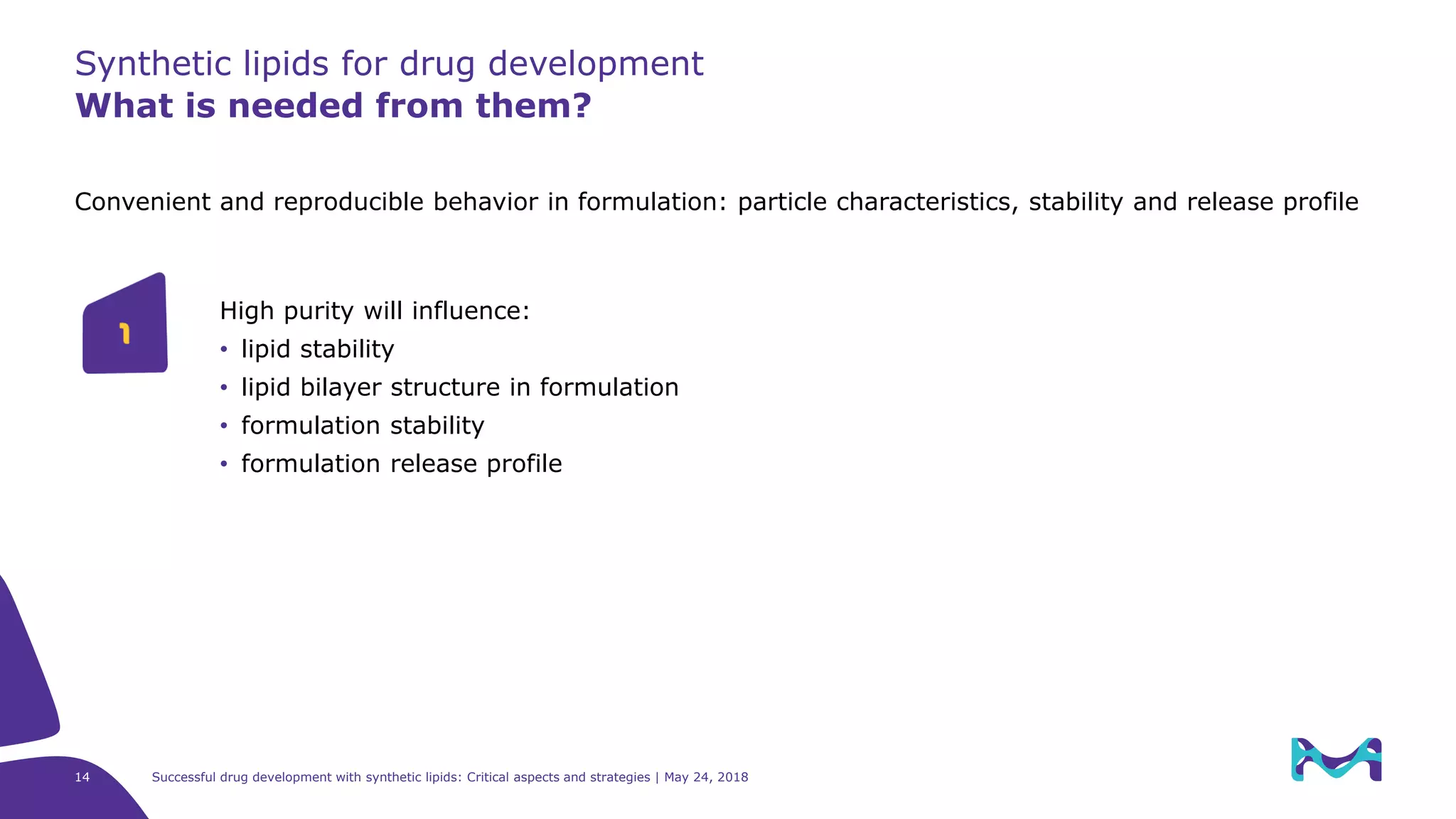 14 Successful drug development with synthetic lipids: Critical aspects and strategies | May 24, 2018
Synthetic lipids for drug development
What is needed from them?
Convenient and reproducible behavior in formulation: particle characteristics, stability and release profile
High purity will influence:
• lipid stability
• lipid bilayer structure in formulation
• formulation stability
• formulation release profile
1
 