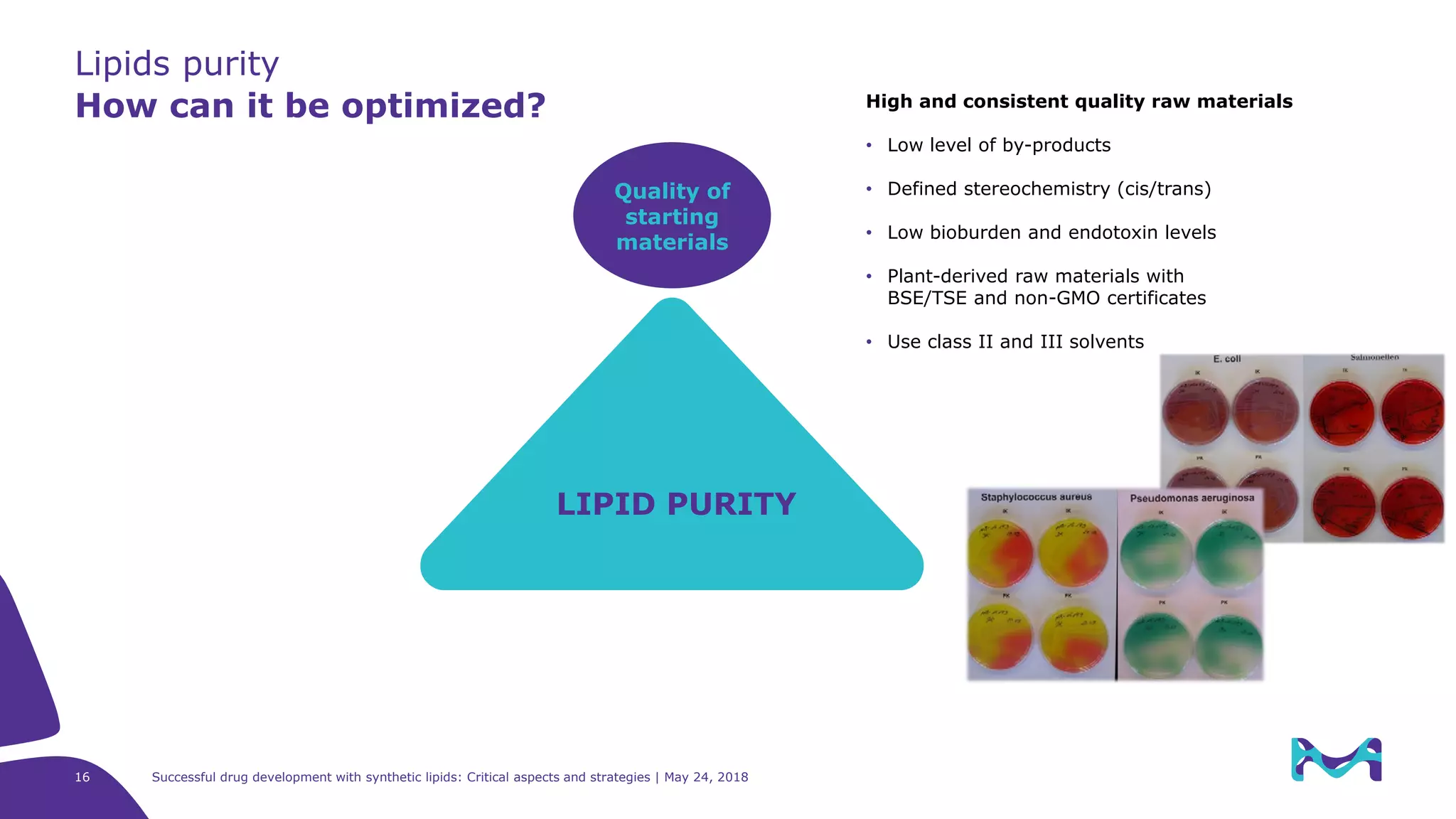 Lipids purity
How can it be optimized?
16 Successful drug development with synthetic lipids: Critical aspects and strategies | May 24, 2018
LIPID PURITY
Quality of
starting
materials
High and consistent quality raw materials
• Low level of by-products
• Defined stereochemistry (cis/trans)
• Low bioburden and endotoxin levels
• Plant-derived raw materials with
BSE/TSE and non-GMO certificates
• Use class II and III solvents
 