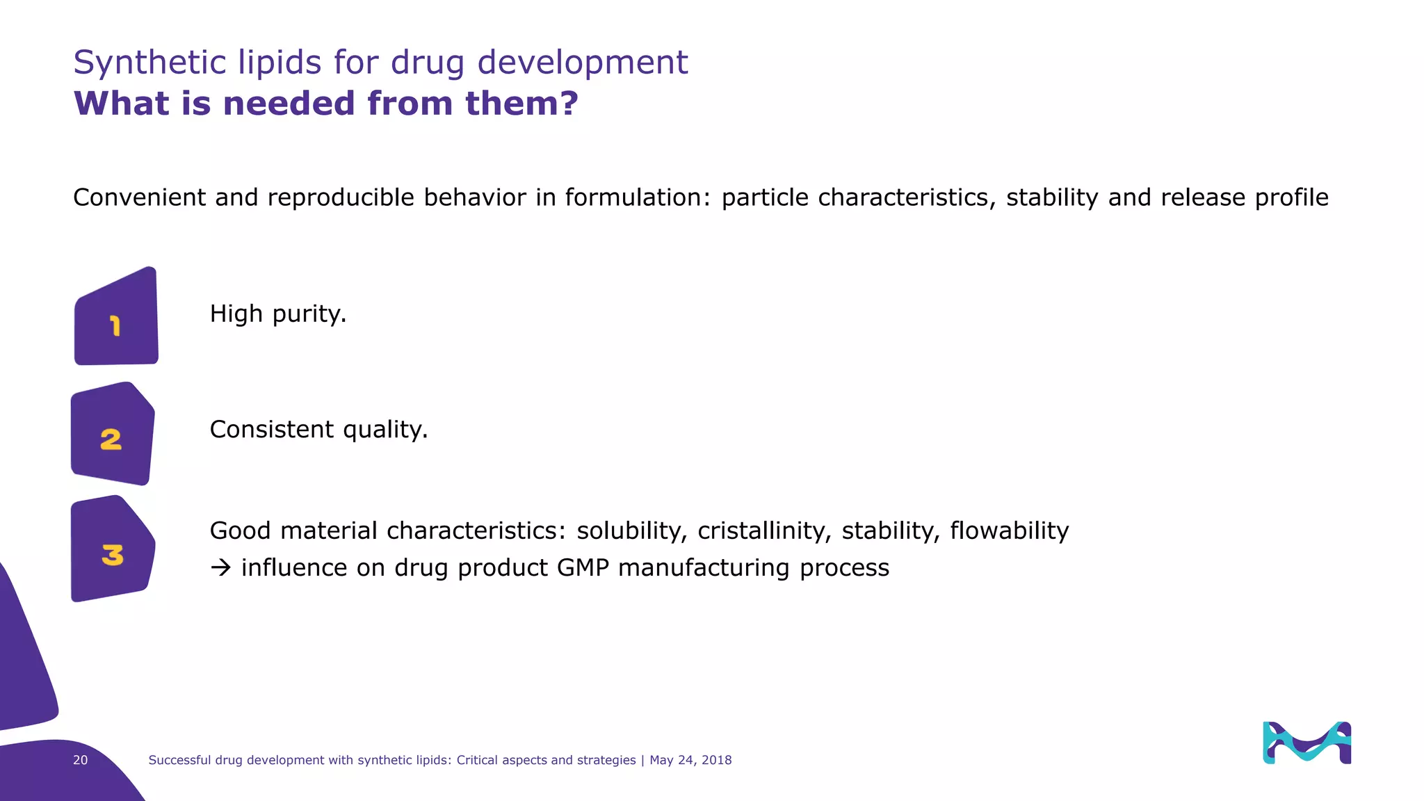 20 Successful drug development with synthetic lipids: Critical aspects and strategies | May 24, 2018
Synthetic lipids for drug development
What is needed from them?
Convenient and reproducible behavior in formulation: particle characteristics, stability and release profile
Consistent quality.
1
2
3
Good material characteristics: solubility, cristallinity, stability, flowability
 influence on drug product GMP manufacturing process
High purity.
 