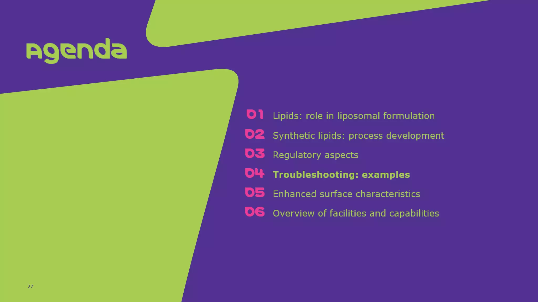 Agenda
01 Lipids: role in liposomal formulation
02 Synthetic lipids: process development
03 Regulatory aspects
04 Troubleshooting: examples
05 Enhanced surface characteristics
06 Overview of facilities and capabilities
27
 
