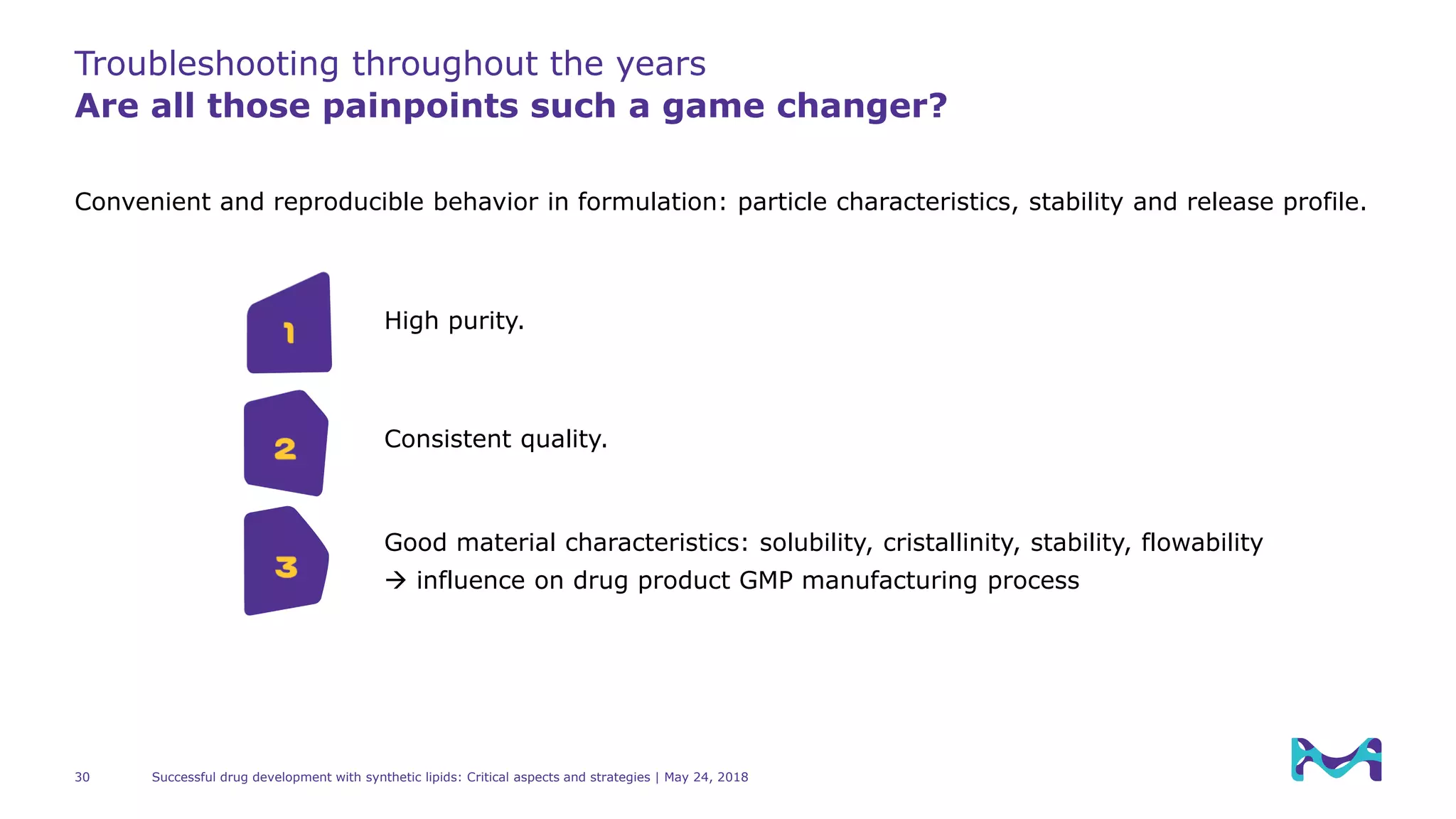 Troubleshooting throughout the years
Are all those painpoints such a game changer?
Successful drug development with synthetic lipids: Critical aspects and strategies | May 24, 201830
Convenient and reproducible behavior in formulation: particle characteristics, stability and release profile.
Consistent quality.
1
2
3
Good material characteristics: solubility, cristallinity, stability, flowability
 influence on drug product GMP manufacturing process
High purity.
 