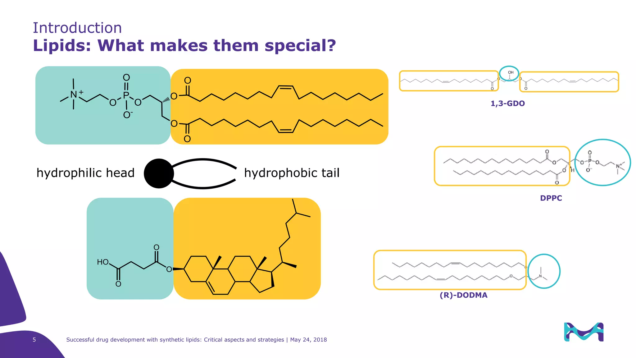 Introduction
Lipids: What makes them special?
5 Successful drug development with synthetic lipids: Critical aspects and strategies | May 24, 2018
hydrophilic head hydrophobic tail
1,3-GDO
(R)-DODMA
DPPC
 