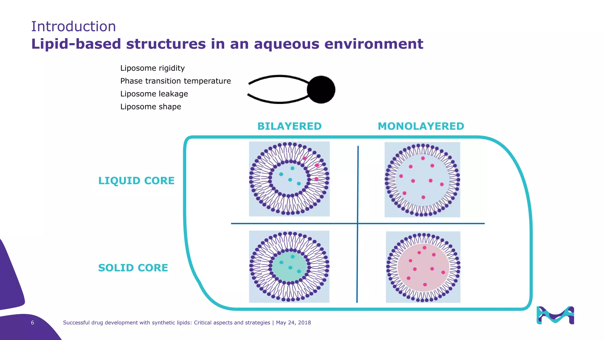 6 Successful drug development with synthetic lipids: Critical aspects and strategies | May 24, 2018
Liposome rigidity
Phase transition temperature
Liposome leakage
Liposome shape
Introduction
Lipid-based structures in an aqueous environment
BILAYERED MONOLAYERED
LIQUID CORE
SOLID CORE
 