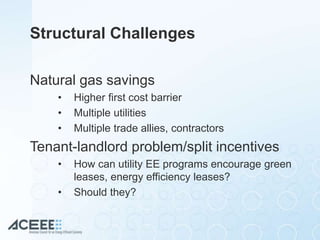 Structural Challenges
Natural gas savings
• Higher first cost barrier
• Multiple utilities
• Multiple trade allies, contra...