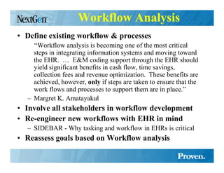 Workflow Analysis
• Define existing workflow & processes
    “Workflow analysis is becoming one of the most critical
    steps in integrating information systems and moving toward
    the EHR. … E&M coding support through the EHR should
    yield significant benefits in cash flow, time savings,
    collection fees and revenue optimization. These benefits are
    achieved, however, only if steps are taken to ensure that the
    work flows and processes to support them are in place.”
  – Margret K. Amatayakul
• Involve all stakeholders in workflow development
• Re-engineer new workflows with EHR in mind
  – SIDEBAR - Why tasking and workflow in EHRs is critical
• Reassess goals based on Workflow analysis
 