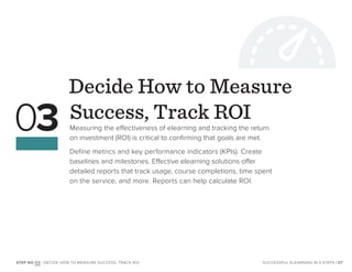 Decide How to Measure
Success, Track ROI
Measuring the effectiveness of elearning and tracking the return
on investment (ROI) is critical to confirming that goals are met.
Define metrics and key performance indicators (KPIs). Create
baselines and milestones. Effective elearning solutions offer
detailed reports that track usage, course completions, time spent
on the service, and more. Reports can help calculate ROI.
03
| 07SUCCESSFUL ELEARNING IN 4 STEPSSTEP NO O3 : DECIDE HOW TO MEASURE SUCCESS, TRACK ROI
 