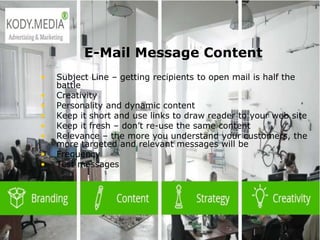  2003 L-Soft
E-Mail Message Content
• Subject Line – getting recipients to open mail is half the
battle
• Creativity
• Personality and dynamic content
• Keep it short and use links to draw reader to your web site
• Keep it fresh – don’t re-use the same content
• Relevance – the more you understand your customers, the
more targeted and relevant messages will be
• Frequency
• Test messages
 