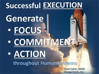 Successful EXECUTION

Generate
• FOCUS
• COMMITMENT
• ACTION
throughout Human Systems
Shem Cohen, MSOD
Change Events, Inc.

 