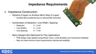 Manufacturing That Eliminates Risk & Improves Reliability
20
Impedance Requirements
 Impedance Construction:
– Stripline (3 layer) vs Surface Micro Strip (2 Layer)
• Surface Micro preferred due to reduced flex thickness
– Combination of Dielectric / Line Width / Spacing:
• Dielectric: 2 – 3 mil
• Line Widths: 3 – 4 mil
• Line Spacing: 5 – 7 mil
– Many Designs Not Optimized for Flex Applications
• PCB design rules applied using thicker cores. Limits flexibility and mechanical reliability.
• May not meet minimum bend requirements mechanical reliability.
 