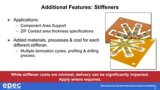 Manufacturing That Eliminates Risk & Improves Reliability
24
Additional Features: Stiffeners
 Applications:
– Component Area Support
– ZIF Contact area thickness specifications
 Added materials, processes & cost for each
different stiffener.
– Multiple lamination cycles, profiling & drilling
process.
While stiffener costs are minimal, delivery can be significantly impacted.
Apply where required.
 