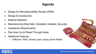Manufacturing That Eliminates Risk & Improves Reliability
6
Agenda
 Design for Manufacturability Review (DFM)
 Design & Construction
 Material Selection
 Manufacturing Data Sets: Complete, Detailed, Accurate
 Impedance Requirements
 Flex Area Via & Plated Through Holes
 Additional Features
– Stiffeners, PSAs, Shield Layers, Epoxy Strain Reliefs
 