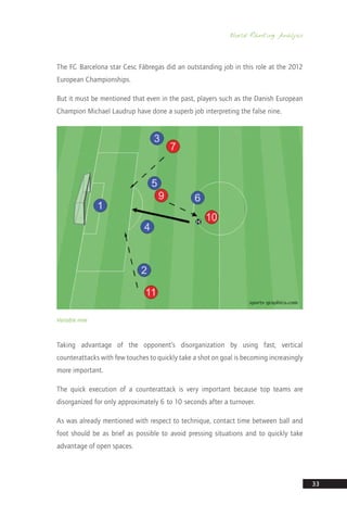 World Ranking Analysis
33
The FC Barcelona star Cesc Fàbregas did an outstanding job in this role at the 2012
European Championships.
But it must be mentioned that even in the past, players such as the Danish European
Champion Michael Laudrup have done a superb job interpreting the false nine.
Variable nine
Taking advantage of the opponent’s disorganization by using fast, vertical
counterattacks with few touches to quickly take a shot on goal is becoming increasingly
more important.
The quick execution of a counterattack is very important because top teams are
disorganized for only approximately 6 to 10 seconds after a turnover.
As was already mentioned with respect to technique, contact time between ball and
foot should be as brief as possible to avoid pressing situations and to quickly take
advantage of open spaces.
14_12_01_satz_Successful_german_soccer_tactics_ar.indd 33 04.12.14 12:09
 