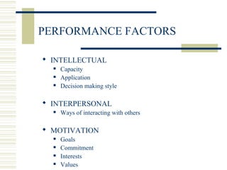 PERFORMANCE FACTORS
 INTELLECTUAL
 Capacity
 Application
 Decision making style
 INTERPERSONAL
 Ways of interacting with others
 MOTIVATION
 Goals
 Commitment
 Interests
 Values
 