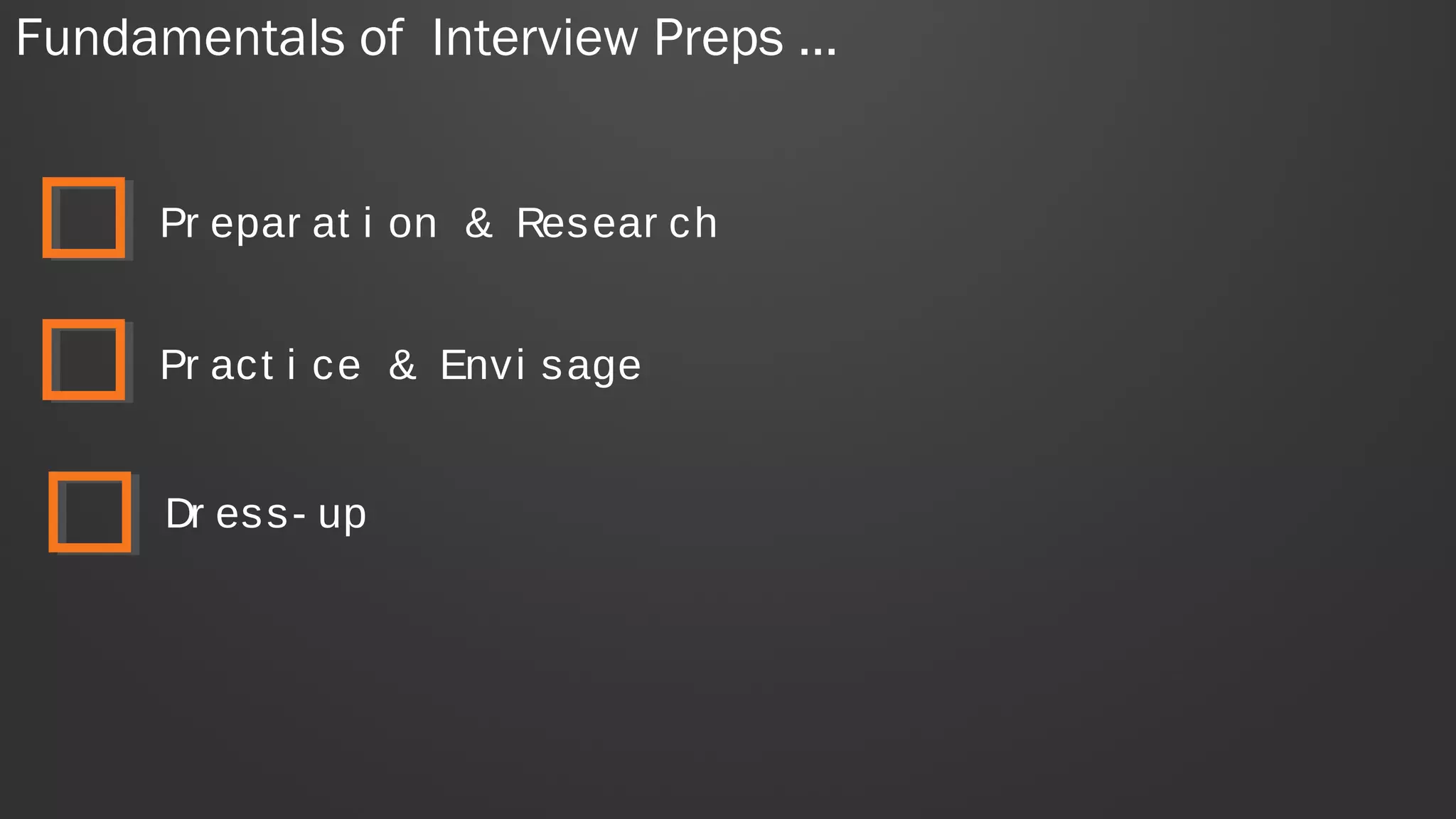 Fundamentals of Interview Preps …
Dr ess- up
Pr epar at i on & Resear ch
Pr act i ce & Envi sage
 