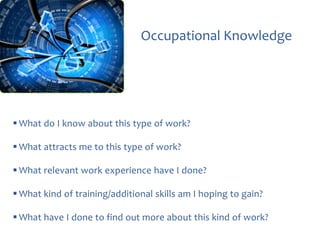 Occupational Knowledge

 What do I know about this type of work?

 What attracts me to this type of work?
 What relevant work experience have I done?
 What kind of training/additional skills am I hoping to gain?
 What have I done to find out more about this kind of work?

 