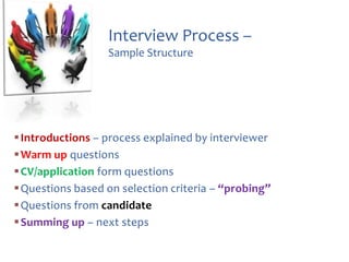 Interview Process –
Sample Structure

 Introductions – process explained by interviewer
 Warm up questions
 CV/application form questions
 Questions based on selection criteria – “probing”
 Questions from candidate
 Summing up – next steps

 