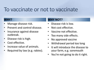 WHY? 
• Manage disease risk. 
• Prevent and control disease. 
• Insurance against disease 
outbreak. 
• Disease risk is high. 
• Cost effective. 
• Increase value of animals. 
• Required by law (e.g. rabies). 
WHY NOT? 
• Disease risk is low. 
• Not cost effective. 
• Vaccine not effective. 
• Too many side effects. 
• No approved vaccine 
• Withdrawal period too long 
• It will introduce the disease to 
your farm, e.g. soremouth 
• You’re not going to do it right. 
 