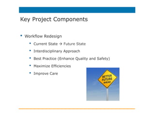 •  Workflow Redesign
•  Current State à Future State
•  Interdisciplinary Approach
•  Best Practice (Enhance Quality and Safety)
•  Maximize Efficiencies
•  Improve Care
Key Project Components
 