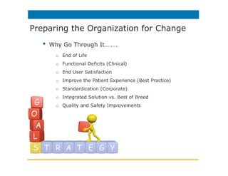 Preparing the Organization for Change
•  Why Go Through It………
o  End of Life
o  Functional Deficits (Clinical)
o  End User Satisfaction
o  Improve the Patient Experience (Best Practice)
o  Standardization (Corporate)
o  Integrated Solution vs. Best of Breed
o  Quality and Safety Improvements
 