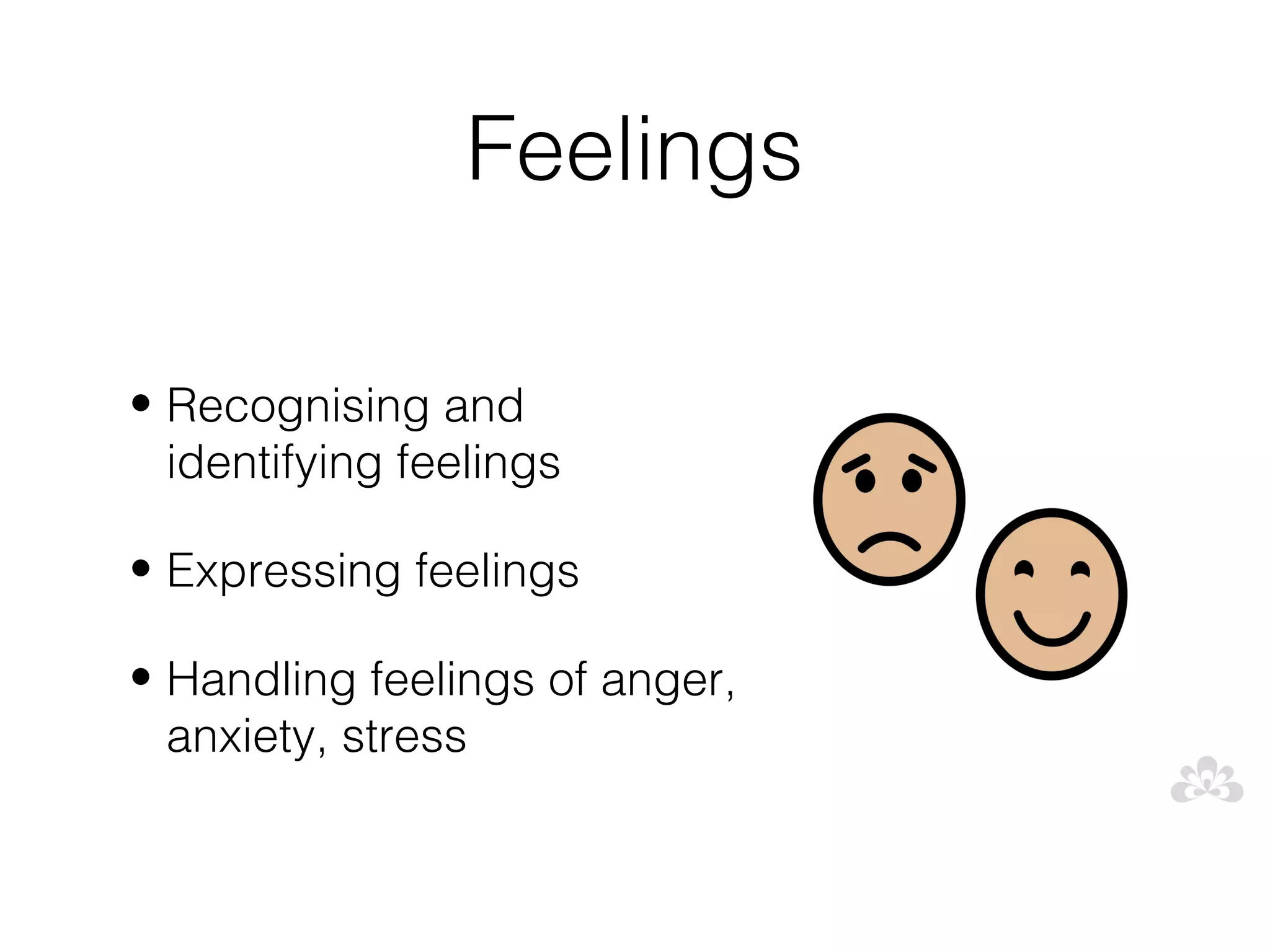 Feelings

• Recognising and
  identifying feelings

• Expressing feelings

• Handling feelings of anger,
  anxiety, stress
 