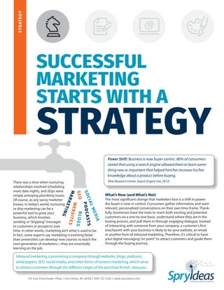 STRATEGY
SUCCESSFUL
MARKETING
STARTS WITH A
STRATEGY
315 East Eisenhower Pkwy. | Ann Arbor, MI 48108 | 800-722-2264 | www.spryideas.com
MARKETING
WEBSITES
BLOGS
PODCASTS
SEO
SOCIALMEDIA
There was a time when nurturing
relationships involved scheduling
more date nights, and drips were
simply annoying plumbing issues.
Of course, as any savvy marketer
knows, in today’s world, nurturing
or drip marketing can be a
powerful tool to grow your
business, which involves
sending or“dripping”messages
to customers or prospects over
time. In other words, marketing ain’t what it used to be.
In fact, some experts say marketing is evolving faster
than universities can develop new courses to teach the
next generation of marketers—they are essentially
learning on the job.
What’s New (and What’s Not)
The most significant change that marketers face is a shift in power:
the buyer is now in control. Consumers gather information and want
relevant, personalized conversations on their own time frame. Thank-
fully, businesses have the tools to reach both existing and potential
customers on a one-to-one basis, understand where they are in the
buying process, and pull them in through engaging dialogue. Instead
of interacting with someone from your company, a customer’s first
touchpoint with your business is likely to be your website, an email,
or another form of inbound marketing. Therefore, it’s critical to have
your digital messaging“on point”to attract customers and guide them
through the buying journey.
Power Shift: Business is now buyer-centric. 86% of consumers
stated that using a search engine allowed them to learn some-
thing new or important that helped him/her increase his/her
knowledge about a product before buying.
(Pew Research Center, Search Engine Use, 2012)
Inbound marketing is promoting a company through websites, blogs, podcasts,
white papers, SEO, social media, and other forms of content marketing, which serve
to attract customers through the different stages of the purchase funnel. (Wikipedia)
 