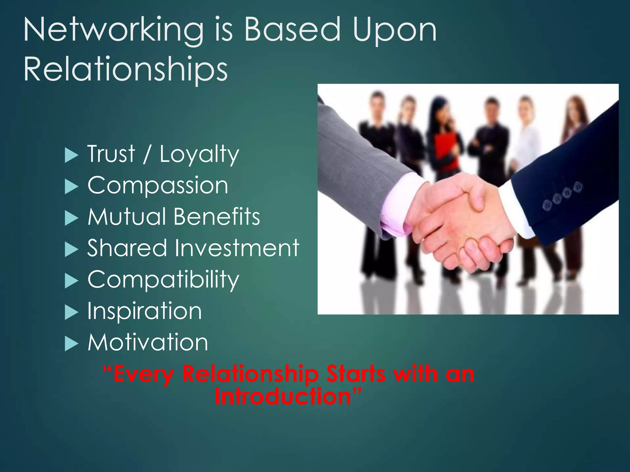 Networking is Based Upon
Relationships
 Trust / Loyalty
 Compassion
 Mutual Benefits
 Shared Investment
 Compatibility
 Inspiration
 Motivation
“Every Relationship Starts with an
Introduction”
 