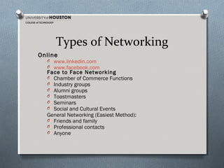 Types of Networking
Online

O www.linkedin.com
O www.facebook.com

Face to Face Networking
O Chamber of Commerce Functions
O Industry groups
O Alumni groups
O Toastmasters
O Seminars
O Social and Cultural Events
General Networking (Easiest Method):
O Friends and family
O Professional contacts
O Anyone

 