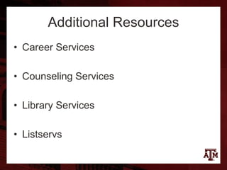 Additional Resources
• Career Services
• Counseling Services
• Library Services
• Listservs
 
