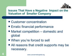 Issues That Have a Negative  Impact on the Valuation of  Smaller Company Customer concentration Erratic financial performance Market competition – domestic and global When you’re forced to sell All reasons that credit supports may be necessary. 