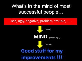 What’s in the mind of most
  successful people…
Bad, ugly, negative, problem, trouble, ….

                        input



               MIND       (processing…)


                        output
 