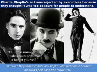 Charlie Chaplin's act was rejected by executives because
they thought it was too obscure for people to understand.
“But then they took a chance on Chaplin, who went on to become
America's first bona fide movie star.”
“Failure is unimportant.
It takes courage to make
a fool of yourself.”
 